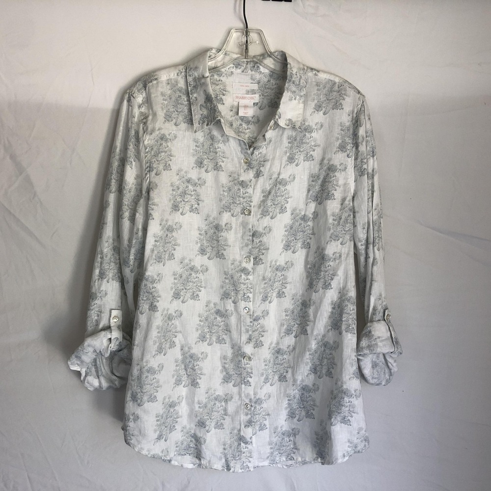 Shabby Chic Shirt Womens Large White 100% Linen Floral Roll Tab Sleeve Top